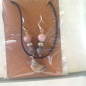 Pink jasper, moon necklace and earrings